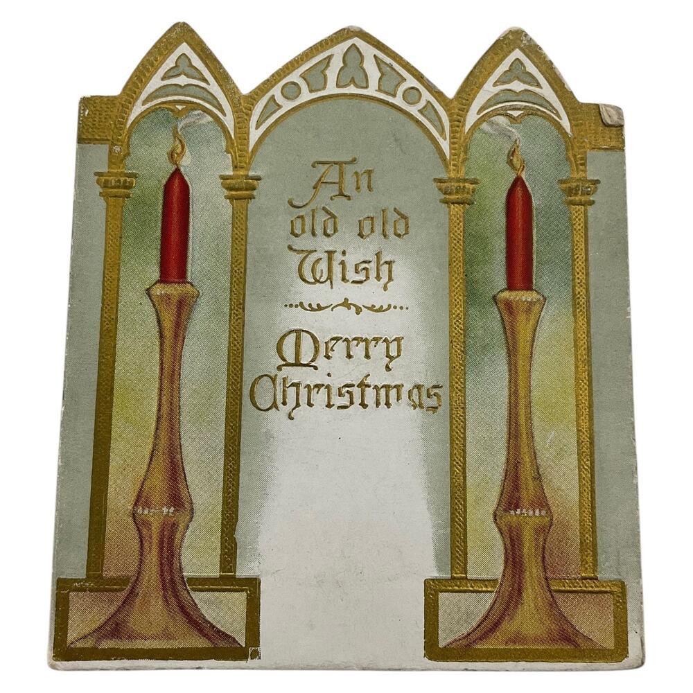 Antique 1925 Die Cut Christmas Card Gold Candles Poinsettia and‎ Greeting